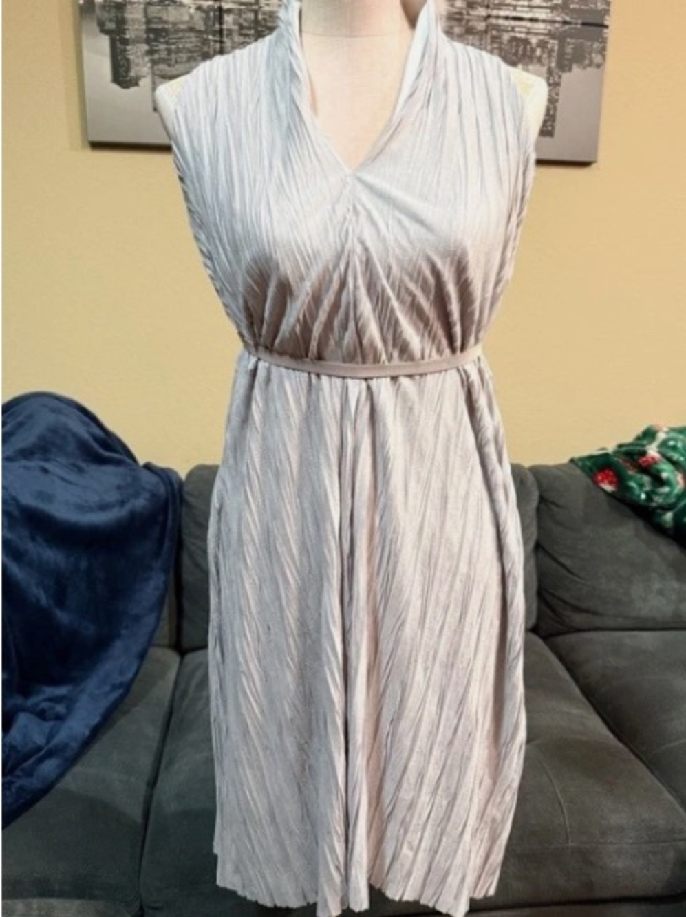Sleeveless Pleated V-Neck Dress in Light Silver